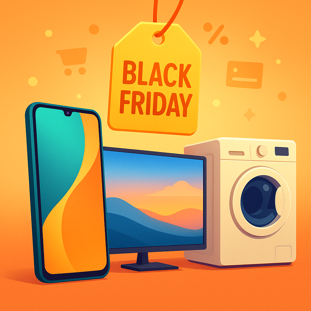 Black Friday India phone, TV and home appliance deals thumbnail with smartphone, TV and washing machine
