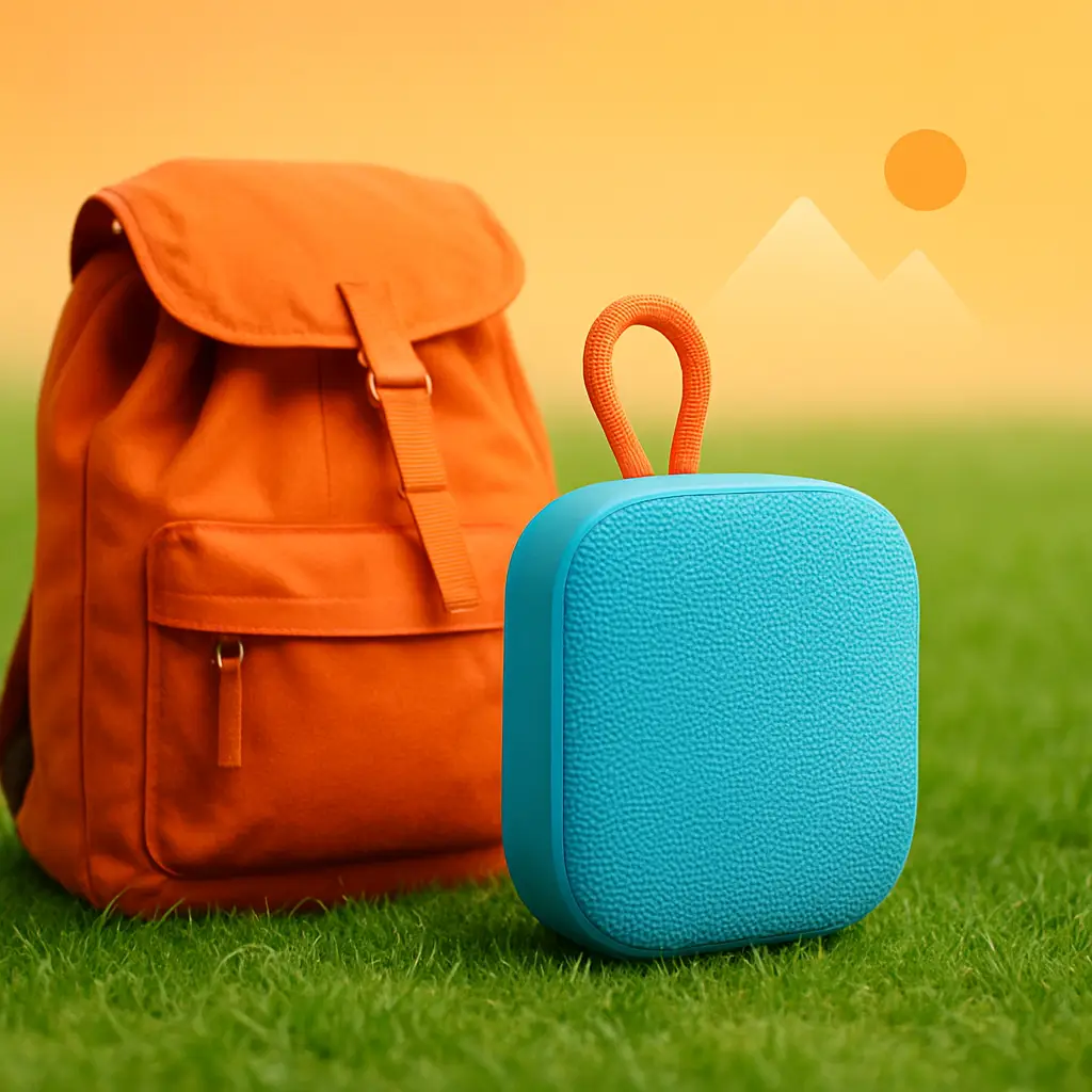 Portable Bluetooth speaker placed on grass beside a backpack, outdoor travel lifestyle setup