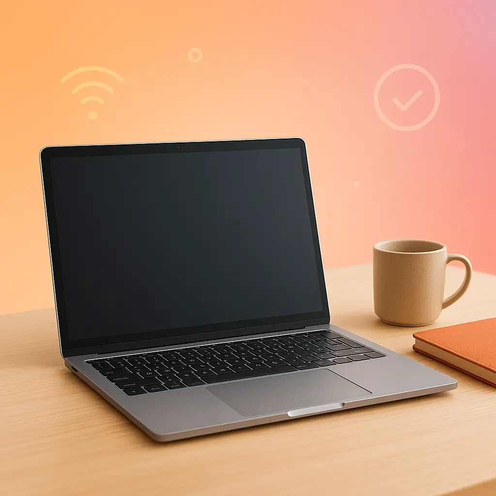 Modern laptop on a wooden desk with notebook and coffee mug in a minimal workspace setup