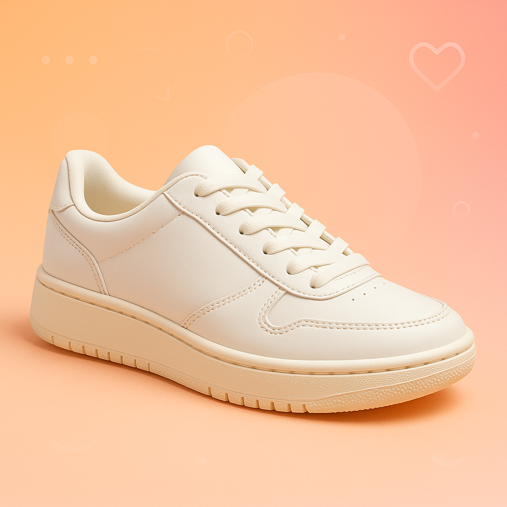 White minimalist women’s sneaker on a soft peach–orange gradient background for fashion and lifestyle blog.