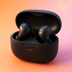 Wireless Bluetooth earbuds in charging case with LED indicators, modern true wireless earphones