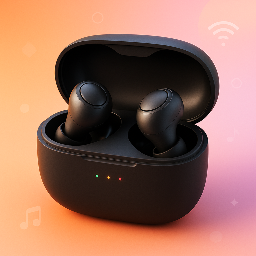 Wireless Bluetooth earbuds in charging case with LED indicators, modern true wireless earphones