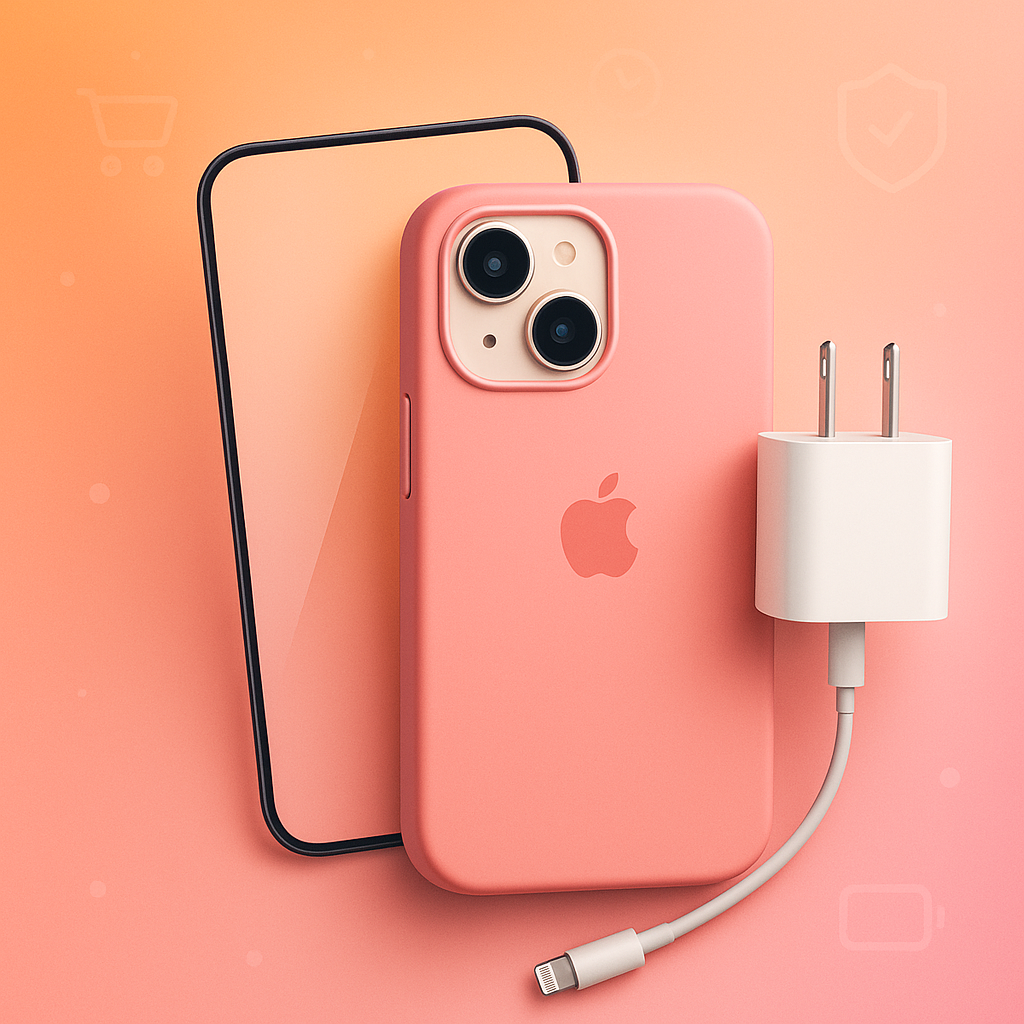 iPhone 17 accessories including a pink protective case, screen guard, charger and cable on a soft gradient background