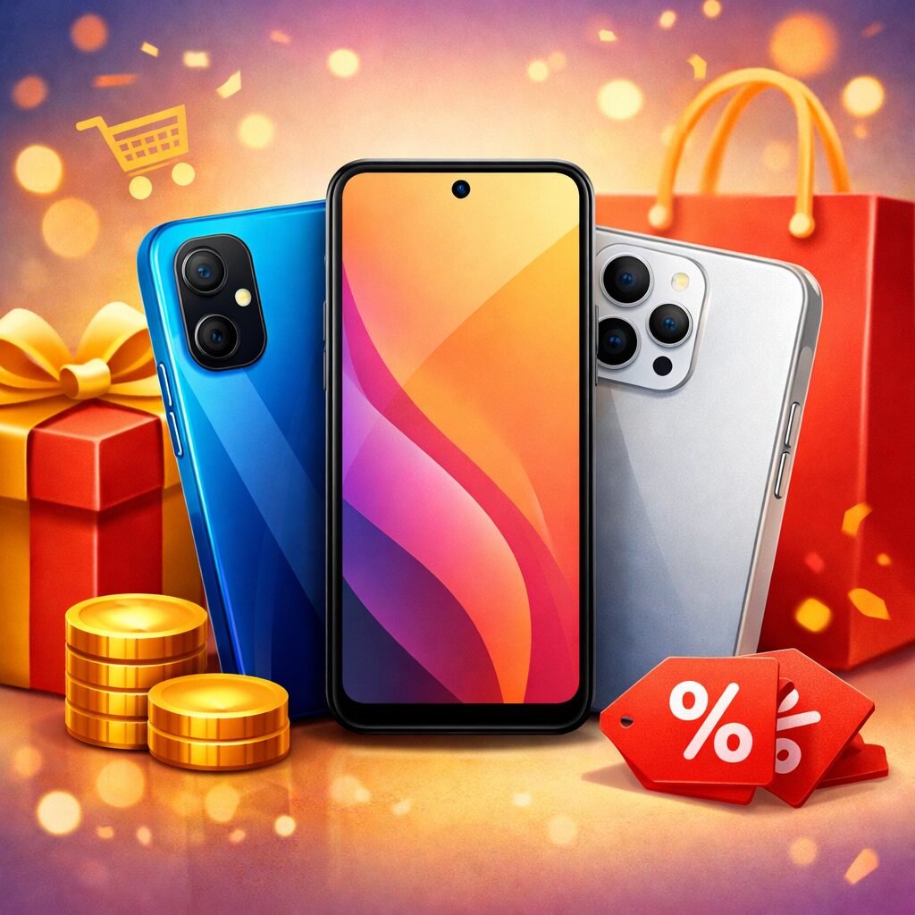 Modern budget smartphones with festive shopping elements representing year-end clearance deals under ₹20,000 in India