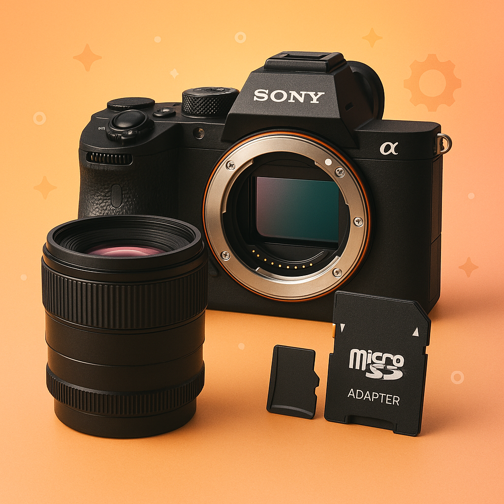 Sony full-frame mirrorless camera with budget lens and memory card on a bright gradient background