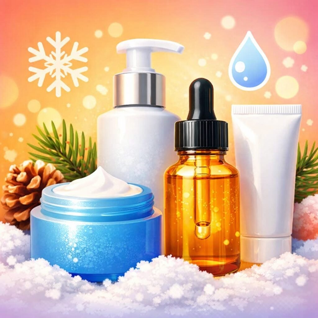 Winter skincare products including moisturizer cream jar, hydrating serum dropper, lotion pump bottle, and face cream tube arranged on a snowy background with warm gradient lighting.