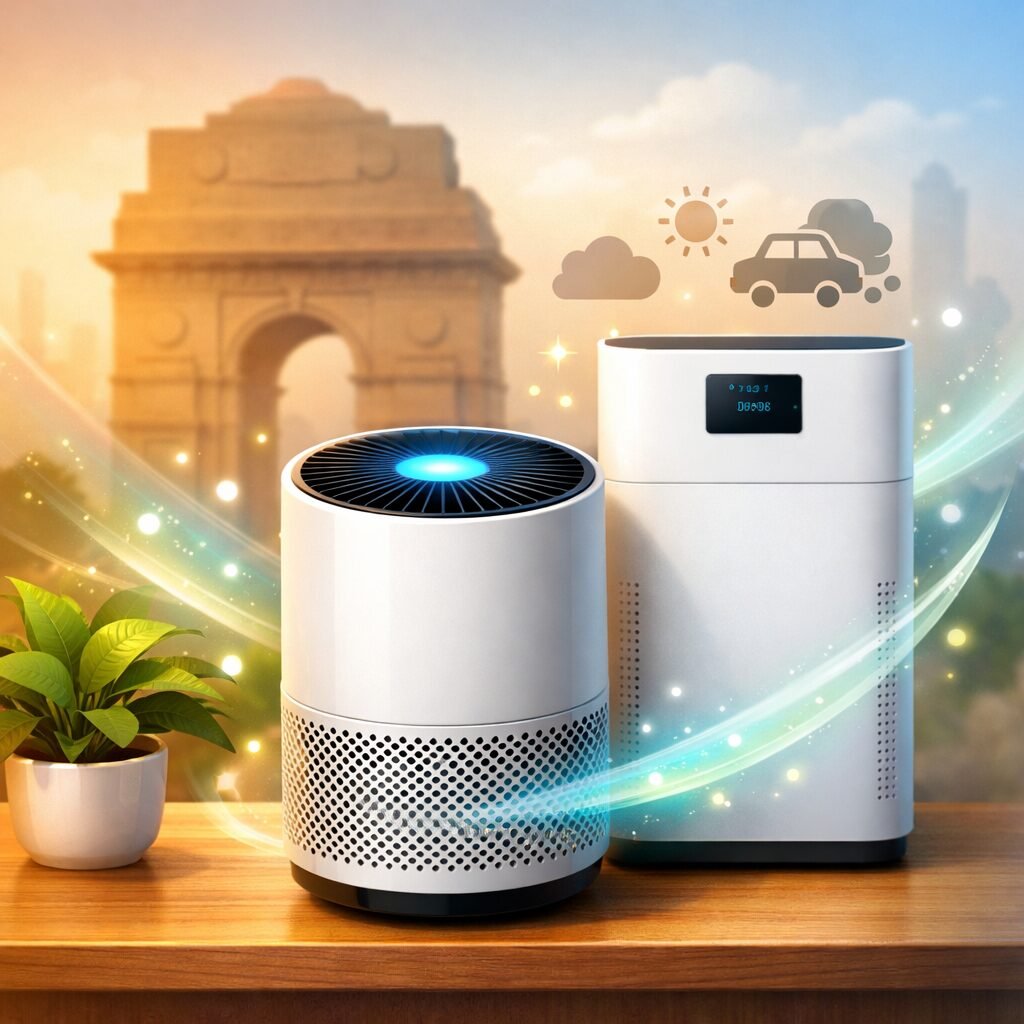 Best air purifiers for Delhi pollution featuring modern home air purifier units in a clean, smog-affected city environment
