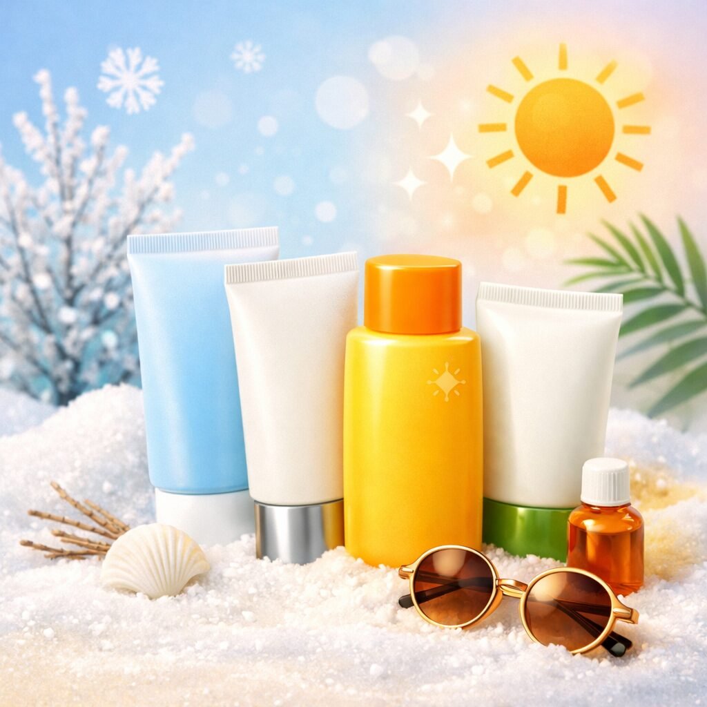 Korean sunscreen products arranged in a winter-themed flat lay with soft snow texture and bright sunlight, suitable for Indian winter skincare under ₹999.