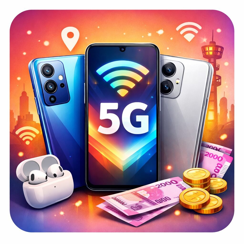 Best 5G smartphones under ₹20,000 in India shown with modern budget 5G phone designs and vibrant tech background