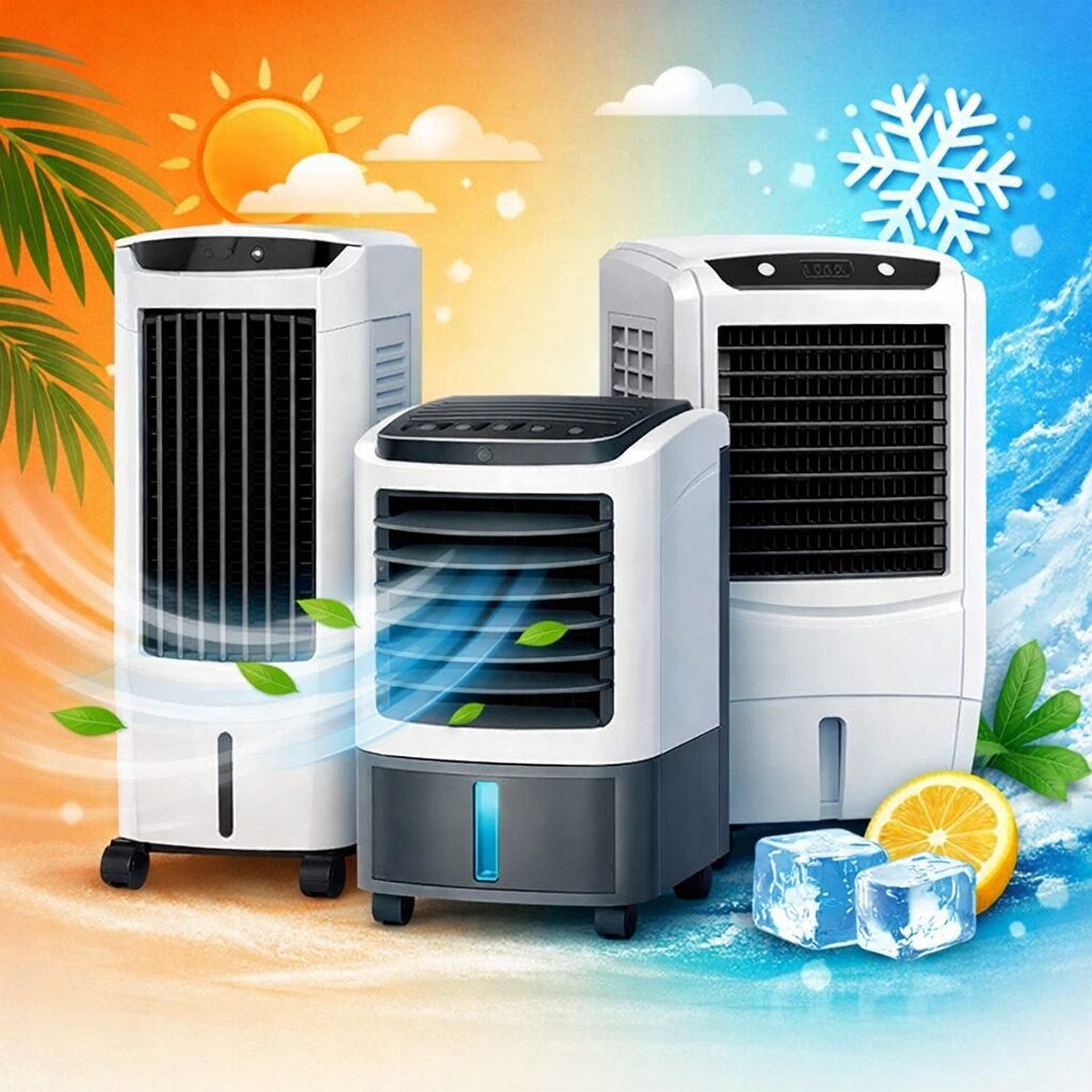 Portable air coolers with cool breeze effect against a summer-to-cooling gradient background representing relief from Indian summer heat.