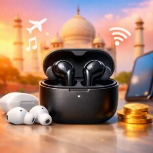 Budget ANC wireless earbuds in charging case with smartphone and sound icons, representing affordable noise cancelling earbuds in India.