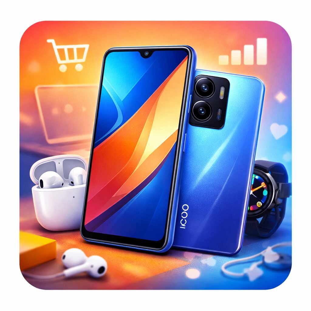 iQOO Z11x 5G smartphone with blue gradient finish and dual camera module displayed with modern tech accessories on a colorful background.