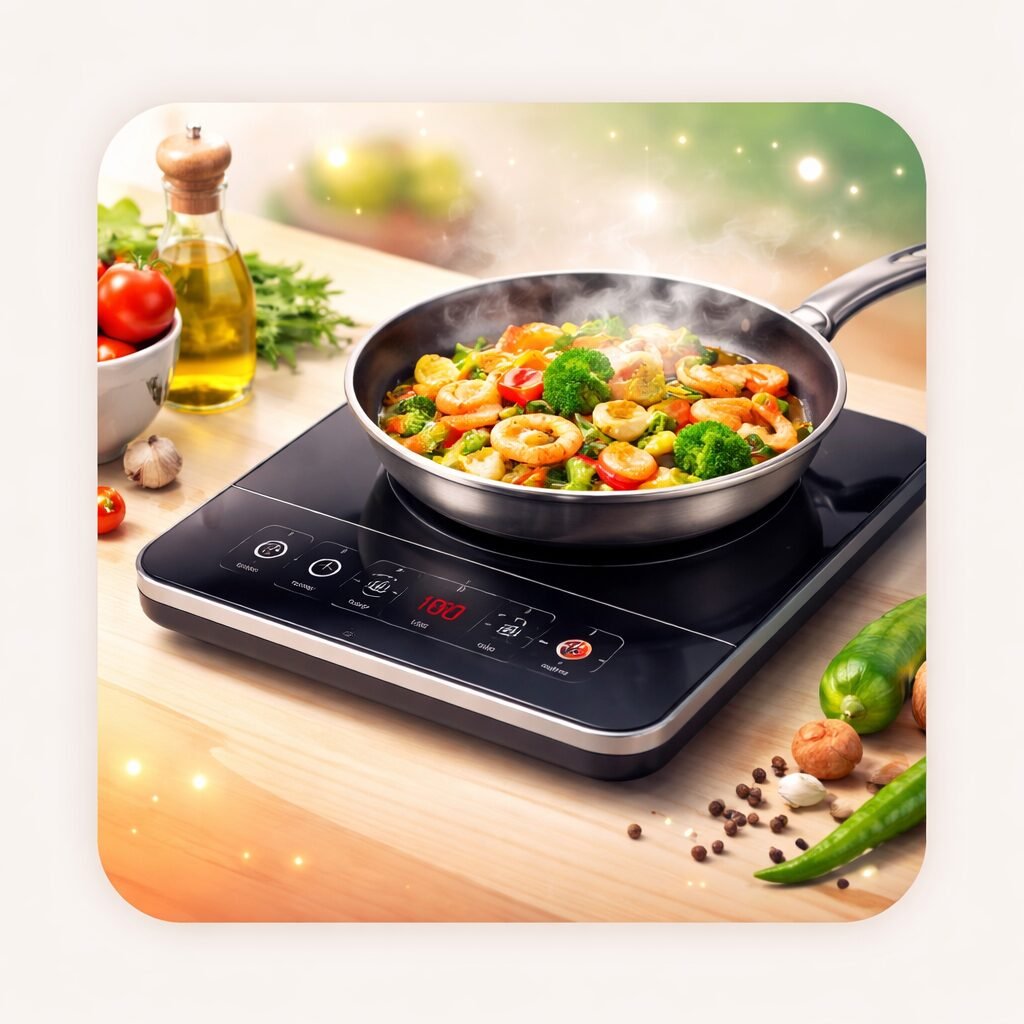 Modern black induction cooktop with frying pan cooking vegetables and shrimp on a sleek kitchen counter