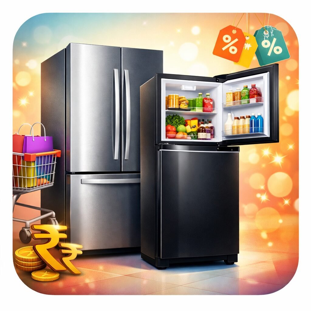 Modern double door and convertible refrigerator models with shopping cart and discount symbols representing March refrigerator clearance deals in India.