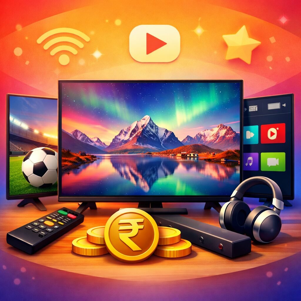 Modern smart TVs with streaming interface, remote, soundbar, and rupee symbol representing best Smart TVs under ₹40,000 in India