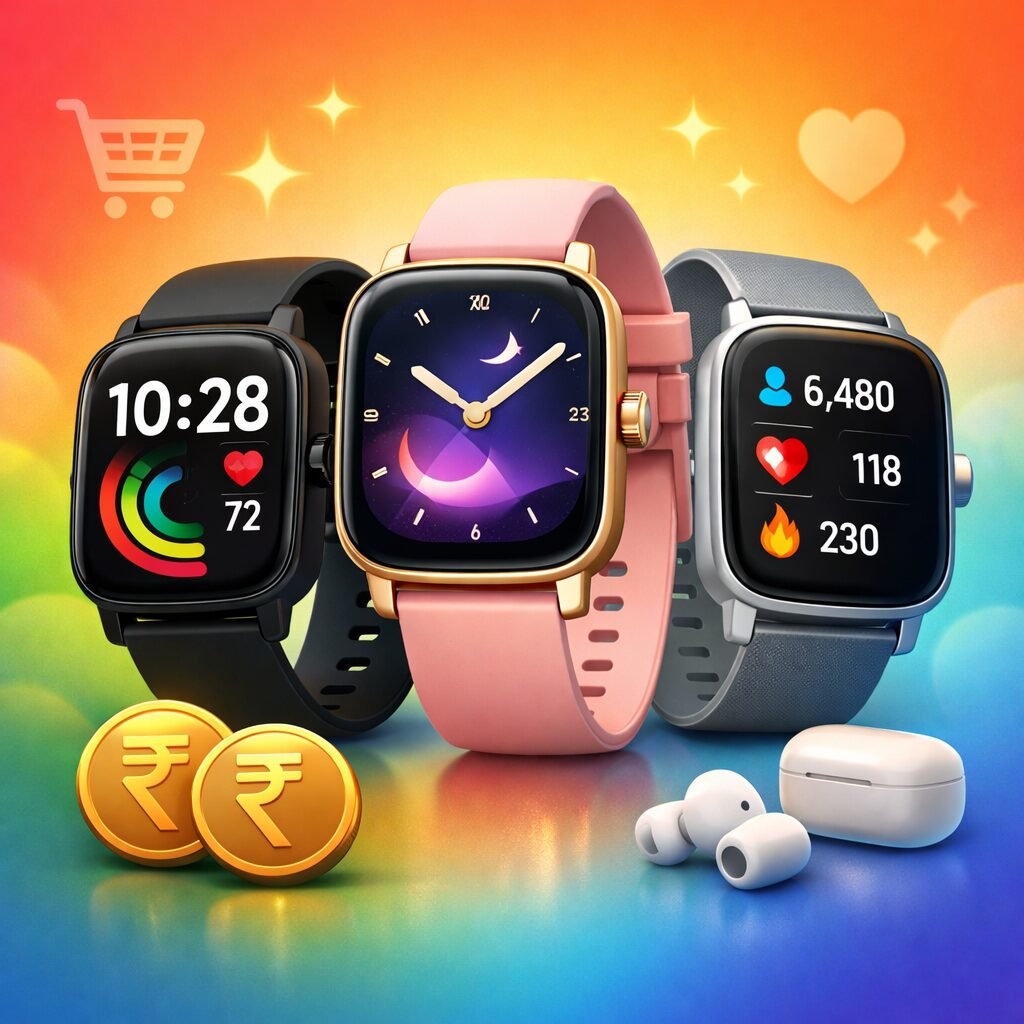 Modern smartwatches with fitness tracking screens on a colorful gradient background representing budget smartwatches under ₹3,000 in India.