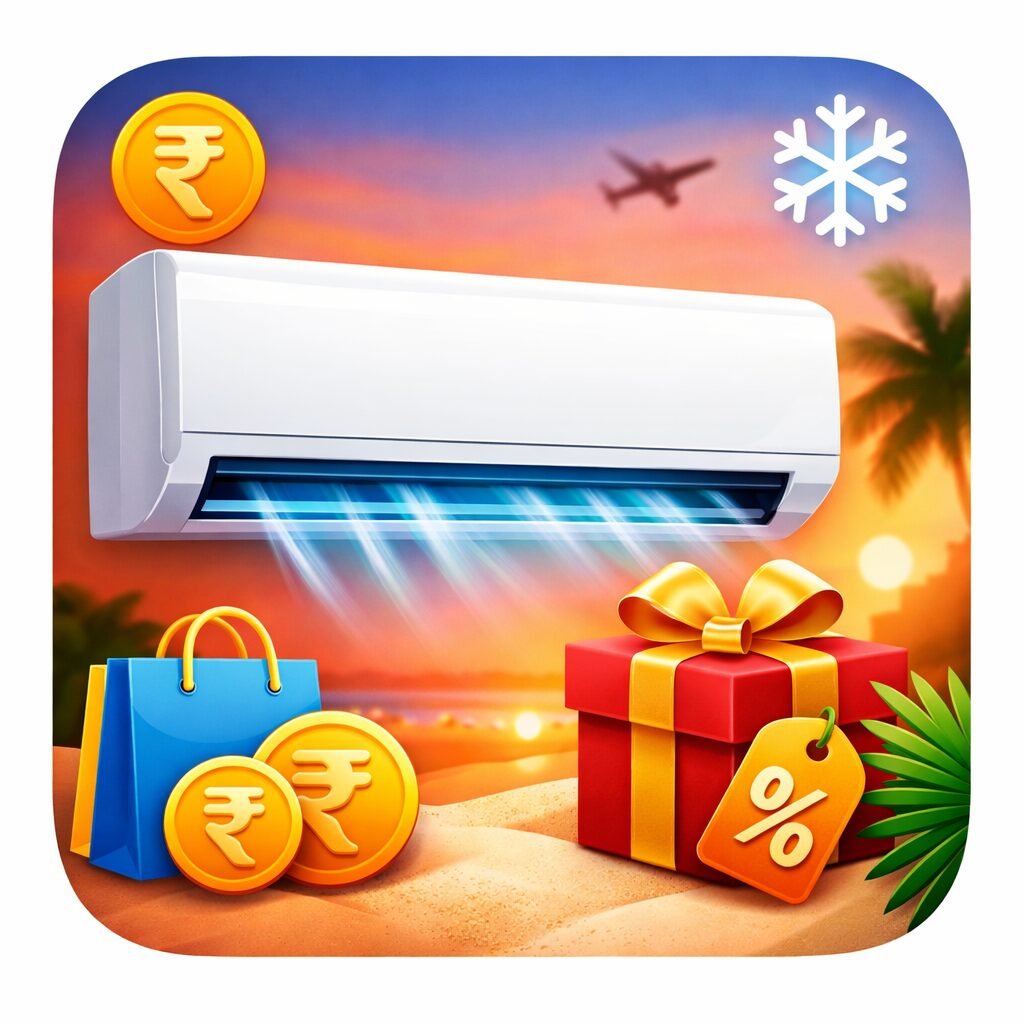 Best split AC deals India March clearance sale concept with modern wall air conditioner, shopping bag, rupee coins, and discount gift box