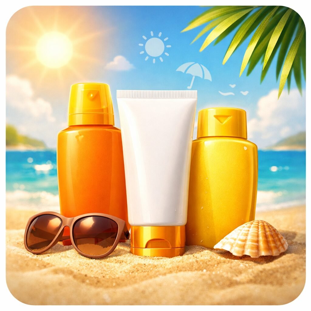 Sunscreen bottles and tube placed on a sunny beach with sand, sunglasses, and tropical leaves representing sun protection for summer.