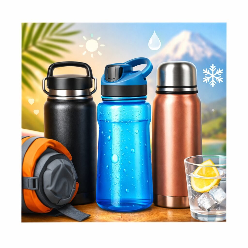 Colorful stainless steel insulated flasks and reusable water bottles arranged on a table with travel and hydration-themed background elements.