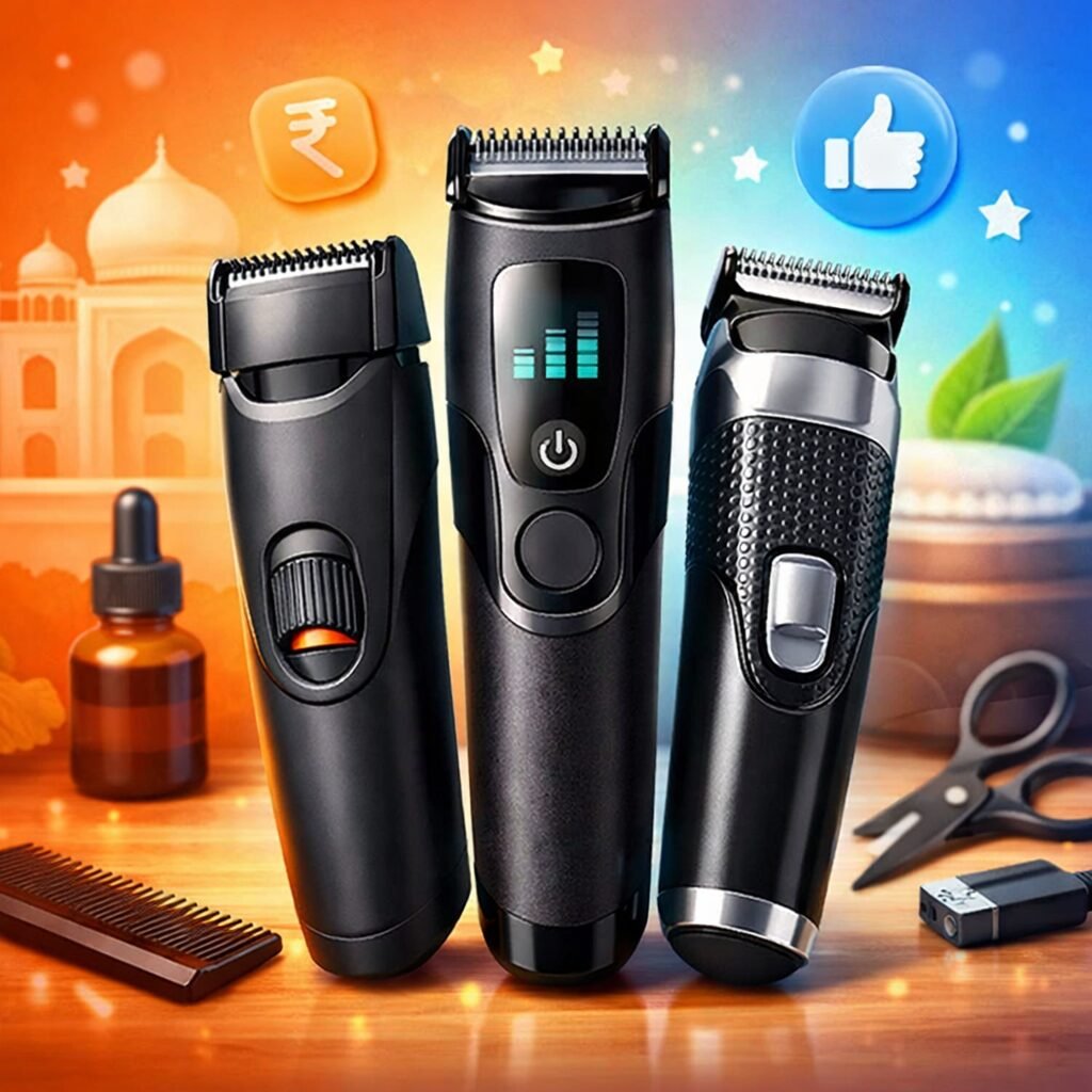Modern electric beard trimmers with grooming accessories on a colorful background, representing budget beard trimmers for men in India.