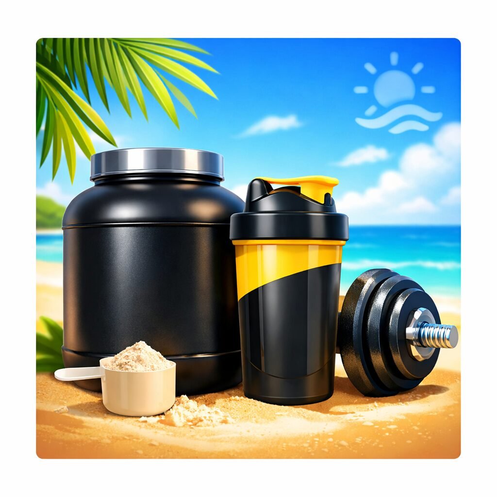 Whey protein container with shaker bottle, scoop of protein powder, and dumbbell on a bright summer beach background representing fitness and summer shredding.